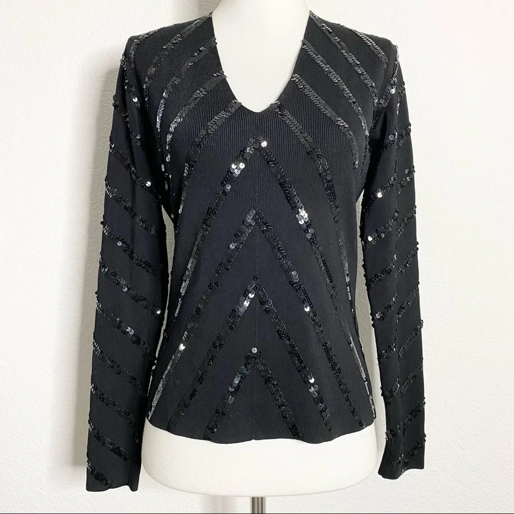 Black Sequin Long Sleeve Blouse - Picture 1 of 4